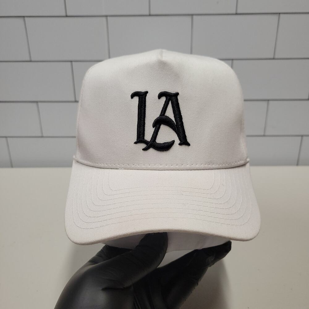 YungLA LA Logo Snapback Hat White Black Embroidered Streetwear Adjustable Cap